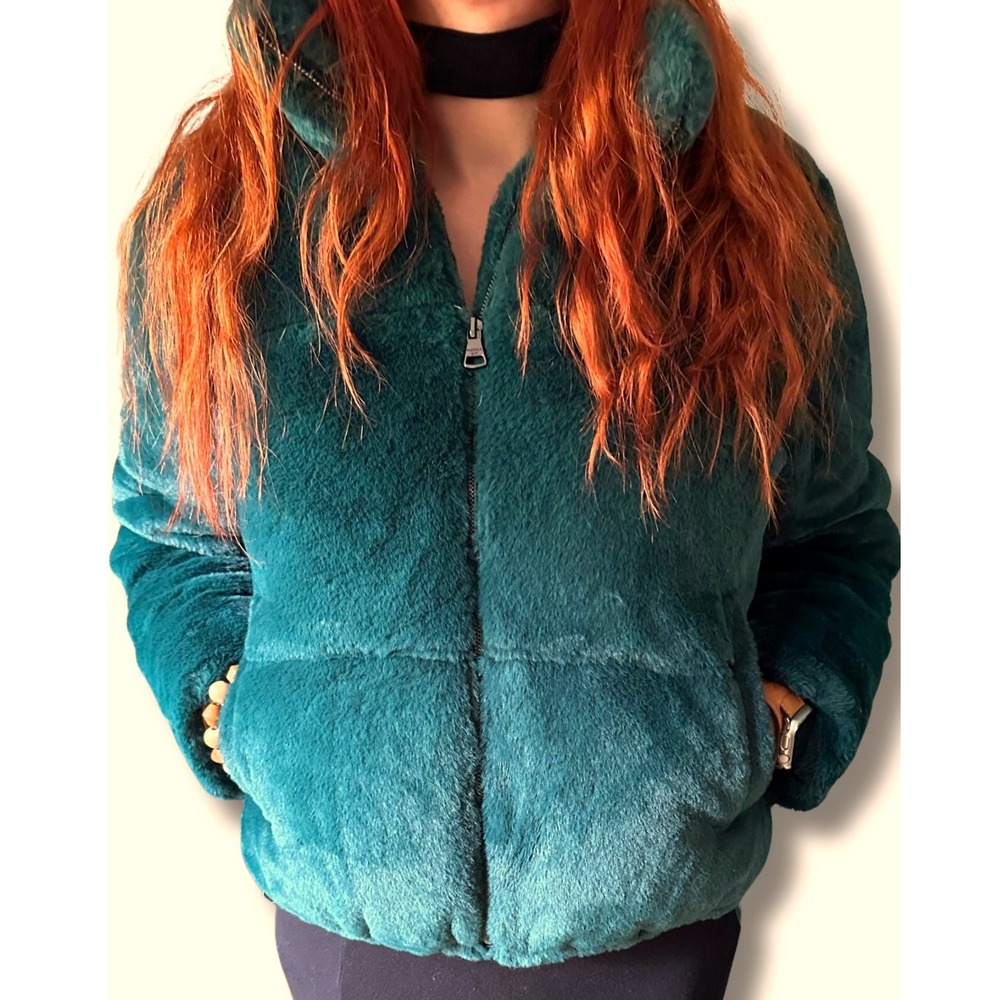 Madden Girl Emerald Green Faux Fur Puffer Jacket Warm Soft Large NWOT